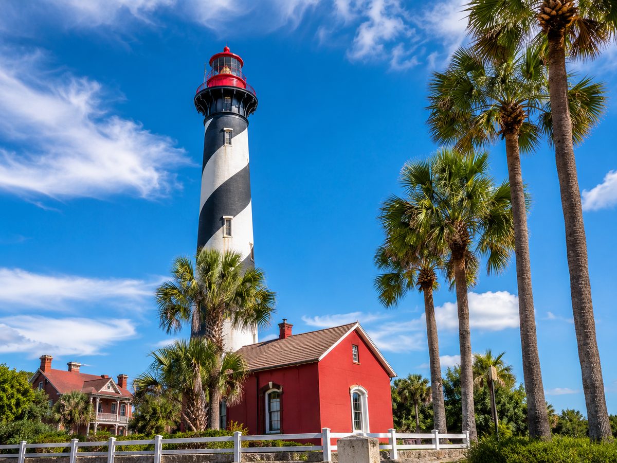 St. Augustine Lighthouse under a blue sky
