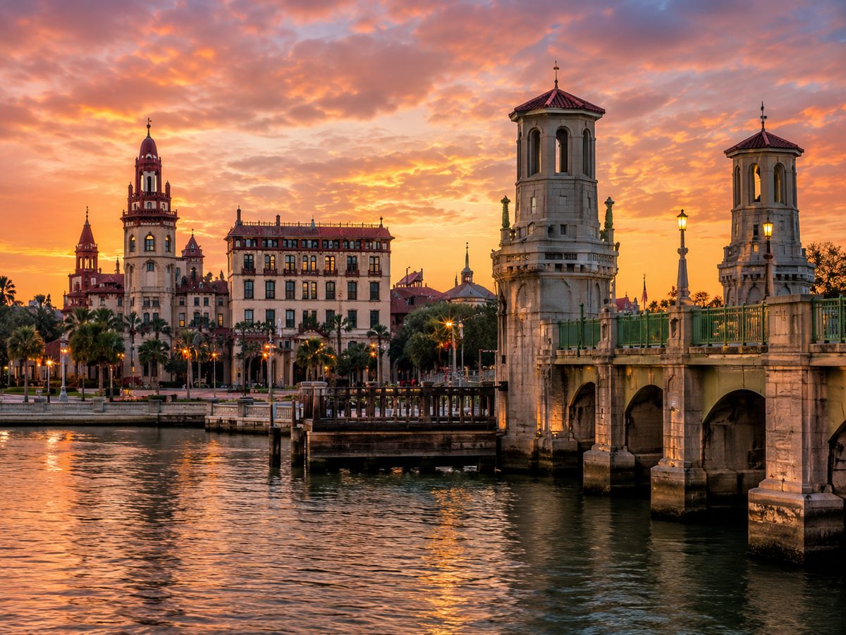 St. Augustine waterfront and Bridge of Lions at sunset